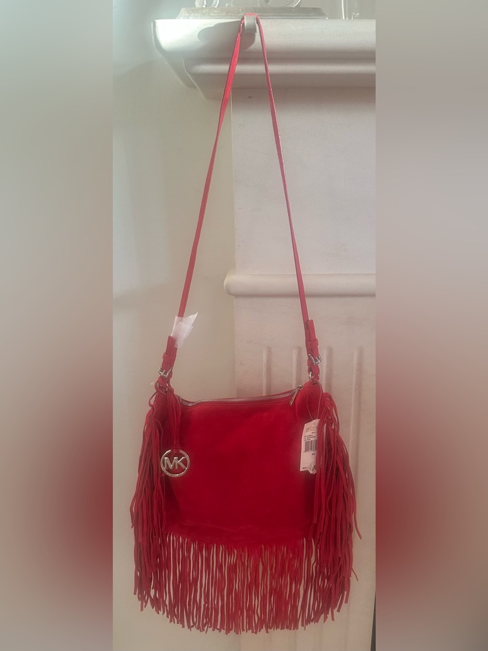 Michael Kors Billy Fringe Red Suede Shoulder Bag NWT receipt